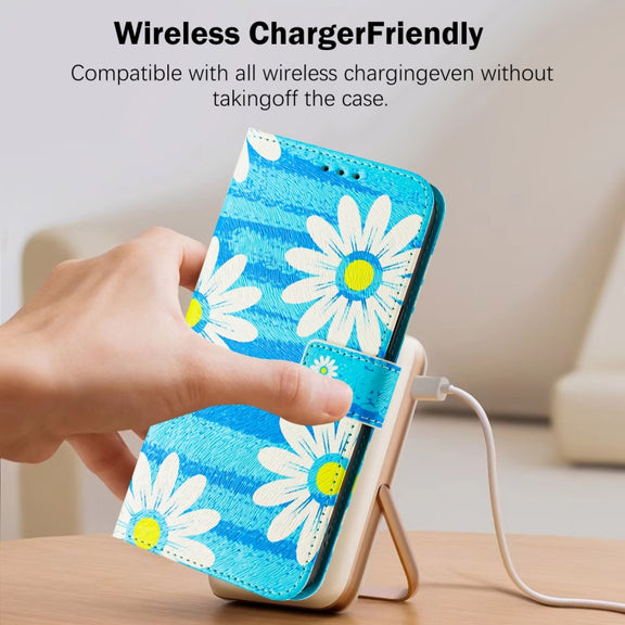 For iPhone 16e Art Colored Drawing Pattern Leather Phone Case(Blue daisy)