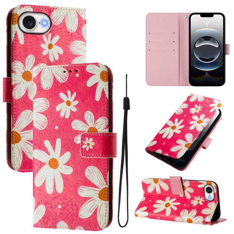 For iPhone 16e Art Colored Drawing Pattern Leather Phone Case(Pink daisy) - iPhone 16e Cases by PMC TechLife | Online Shopping South Africa | PMC TechLife | Buy Now Pay Later Mobicred