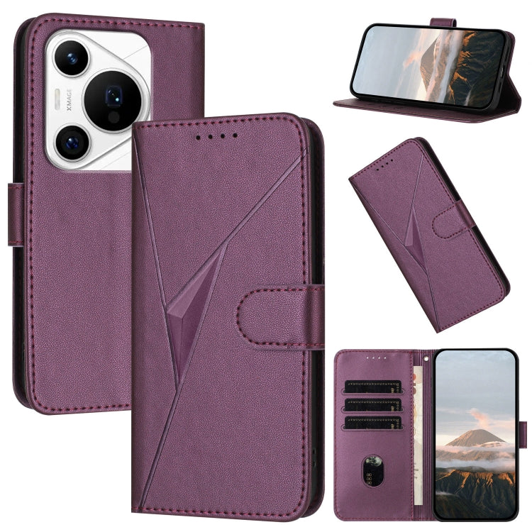 For Huawei Pura 70 Pro / Pura 70 Ultra Triangle Pattern Buckle Clasp Leather Phone Case(Dark Purple) - Huawei Cases by PMC Jewellery | Online Shopping South Africa | PMC Jewellery | Buy Now Pay Later Mobicred