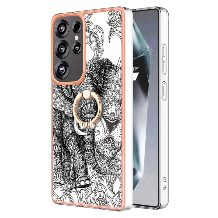 For Samsung Galaxy S25 Ultra 5G Electroplating Dual-side IMD Phone Case with Ring Holder(Totem Elephant) - Galaxy S25 Ultra 5G Cases by PMC TechLife | Online Shopping South Africa | PMC TechLife | Buy Now Pay Later Mobicred