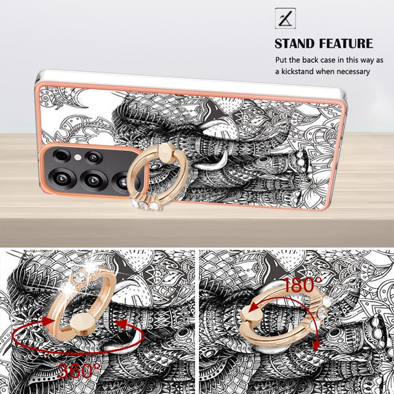 For Samsung Galaxy S25 Ultra 5G Electroplating Dual-side IMD Phone Case with Ring Holder(Totem Elephant)