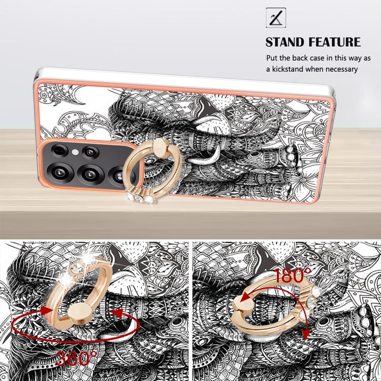For Samsung Galaxy S25 Ultra 5G Electroplating Dual-side IMD Phone Case with Ring Holder(Totem Elephant)