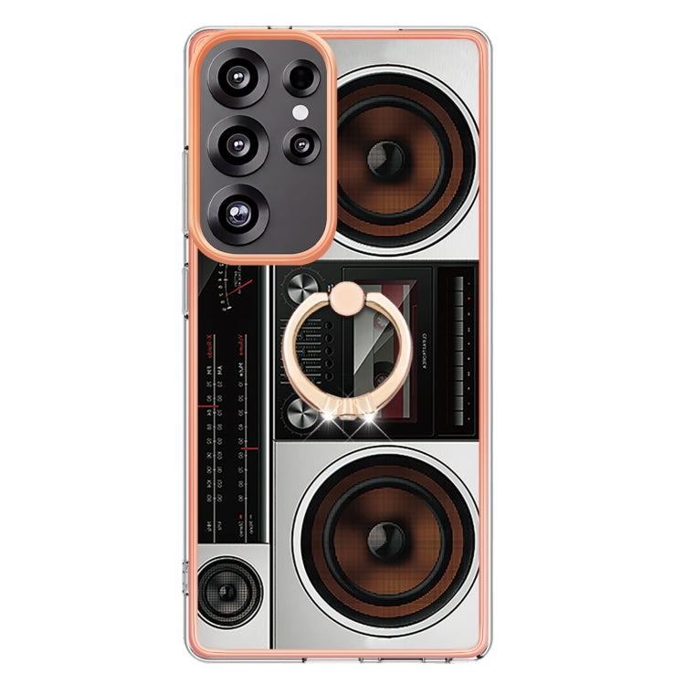 For Samsung Galaxy S25 Ultra 5G Electroplating Dual-side IMD Phone Case with Ring Holder(Retro Radio)