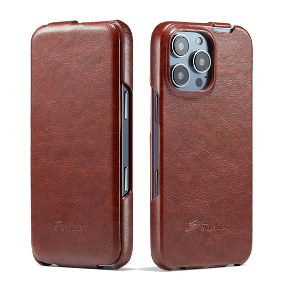 For iPhone 16 Pro Max Fierre Shann 64 Texture Vertical Flip PU Leather Phone Case(Brown)