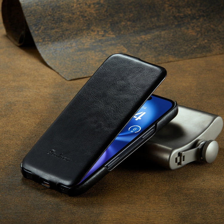 For iPhone 16 Fierre Shann 64 Texture Vertical Flip PU Leather Phone Case(Black)