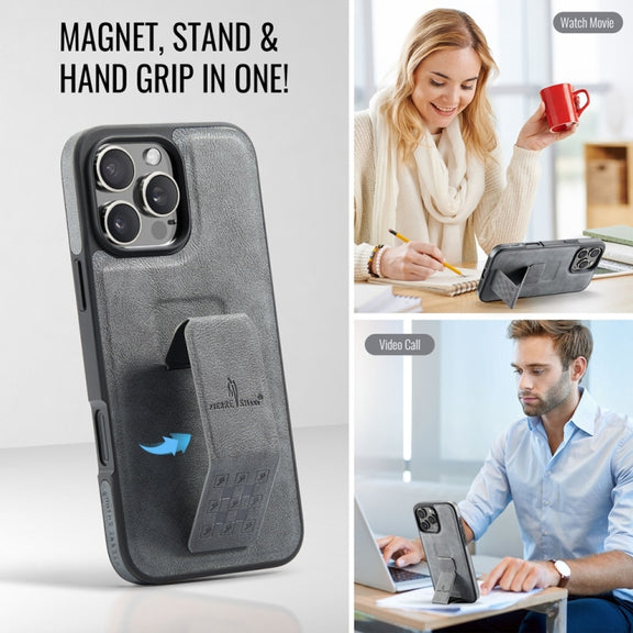 For iPhone 16 Pro Max Fierre Shann Oil Wax Cow Leather Holder Back Phone Case(Grey)
