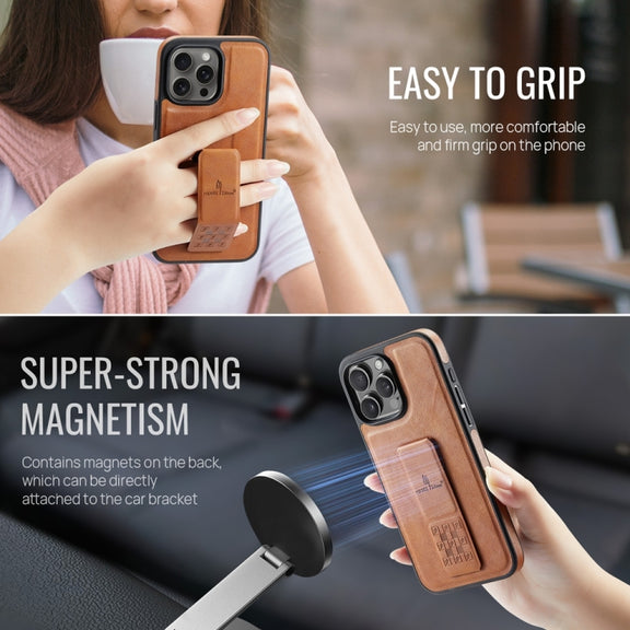 For iPhone 16 Pro Max Fierre Shann Oil Wax Cow Leather Holder Back Phone Case(Brown)