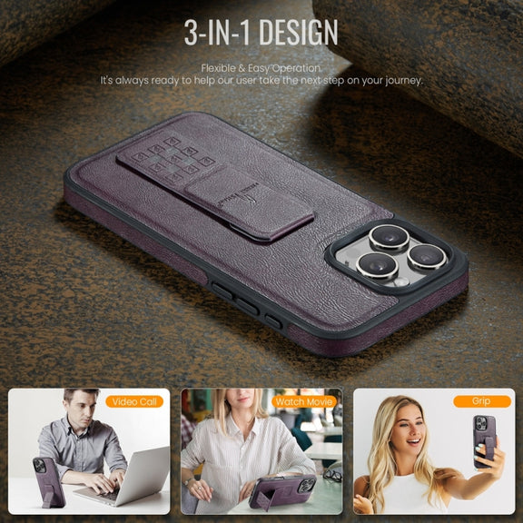 For iPhone 16 Pro Fierre Shann Oil Wax Cow Leather Holder Back Phone Case(Purple)