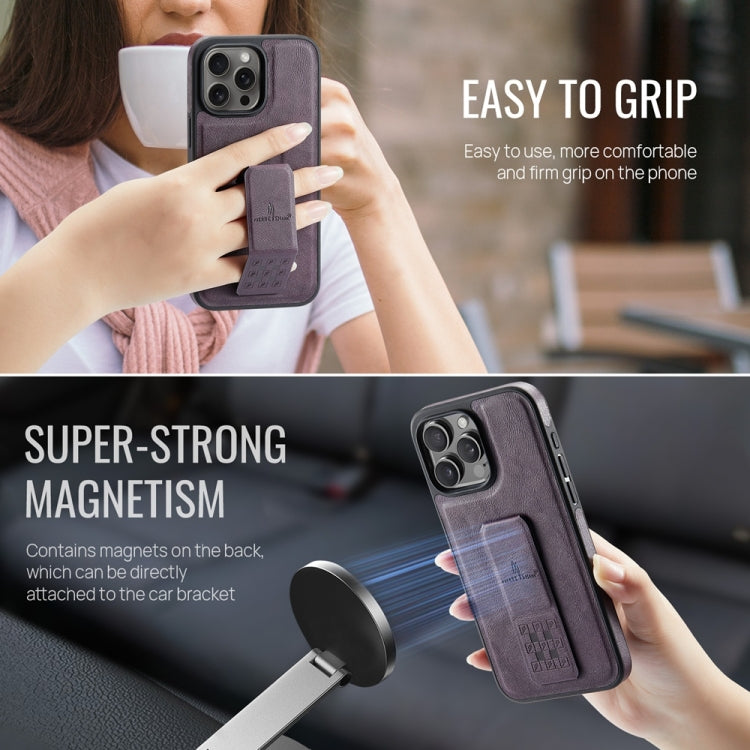 For iPhone 16 Pro Fierre Shann Oil Wax Cow Leather Holder Back Phone Case(Purple)