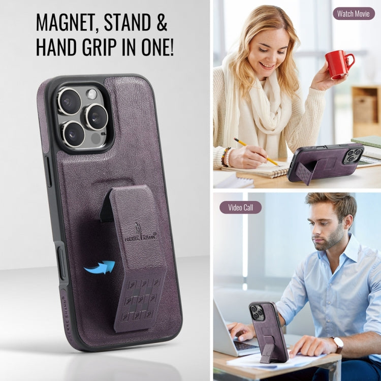 For iPhone 16 Pro Fierre Shann Oil Wax Cow Leather Holder Back Phone Case(Purple)