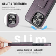 For iPhone 16 Pro Fierre Shann Oil Wax Cow Leather Holder Back Phone Case(Purple)
