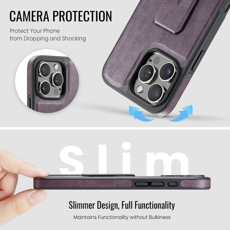For iPhone 16 Pro Fierre Shann Oil Wax Cow Leather Holder Back Phone Case(Purple)