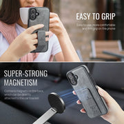 For iPhone 16 Plus Fierre Shann Oil Wax Cow Leather Holder Back Phone Case(Grey)