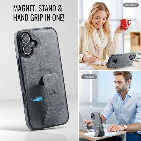 For iPhone 16 Plus Fierre Shann Oil Wax Cow Leather Holder Back Phone Case(Grey)