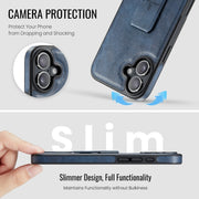 For iPhone 16 Plus Fierre Shann Oil Wax Cow Leather Holder Back Phone Case(Blue)