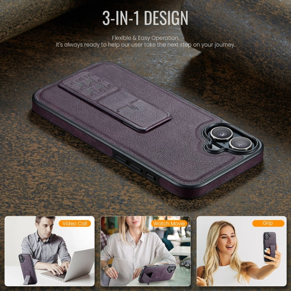 For iPhone 16 Plus Fierre Shann Oil Wax Cow Leather Holder Back Phone Case(Purple)
