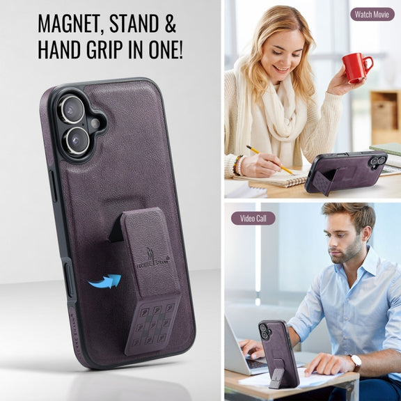 For iPhone 16 Plus Fierre Shann Oil Wax Cow Leather Holder Back Phone Case(Purple)