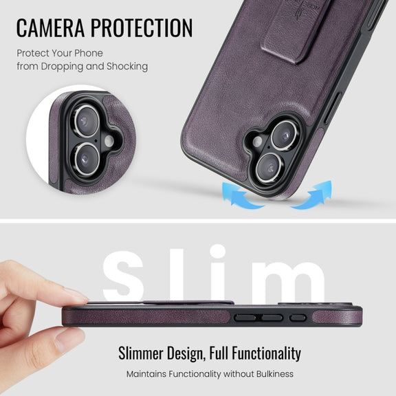 For iPhone 16 Plus Fierre Shann Oil Wax Cow Leather Holder Back Phone Case(Purple)