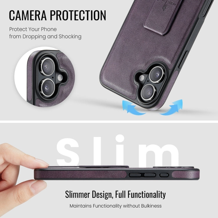 For iPhone 16 Plus Fierre Shann Oil Wax Cow Leather Holder Back Phone Case(Purple)