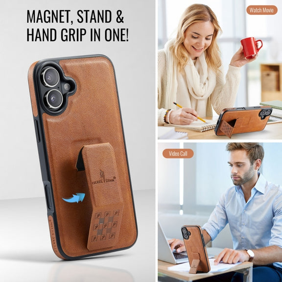 For iPhone 16 Fierre Shann Oil Wax Cow Leather Holder Back Phone Case(Brown)