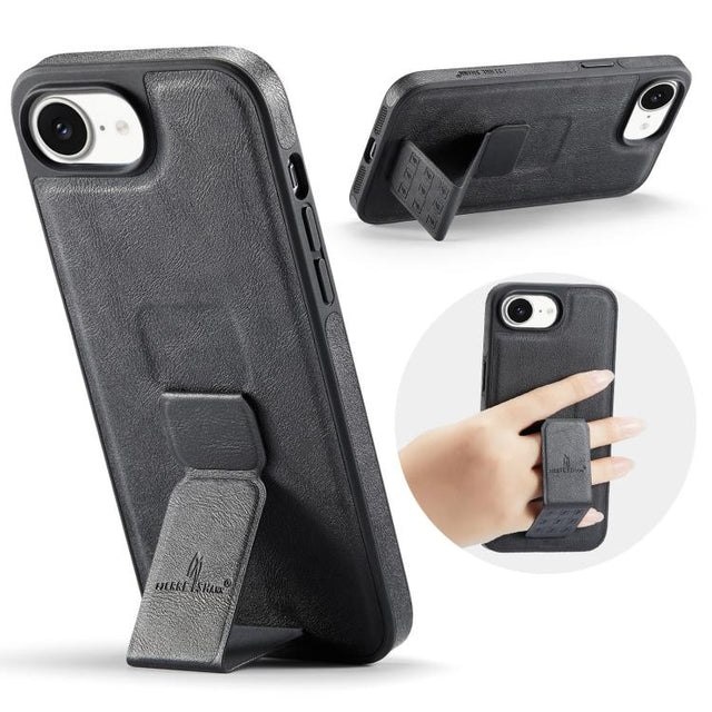 For iPhone 16e Fierre Shann Oil Wax Cow Leather Holder Back Phone Case(Black)