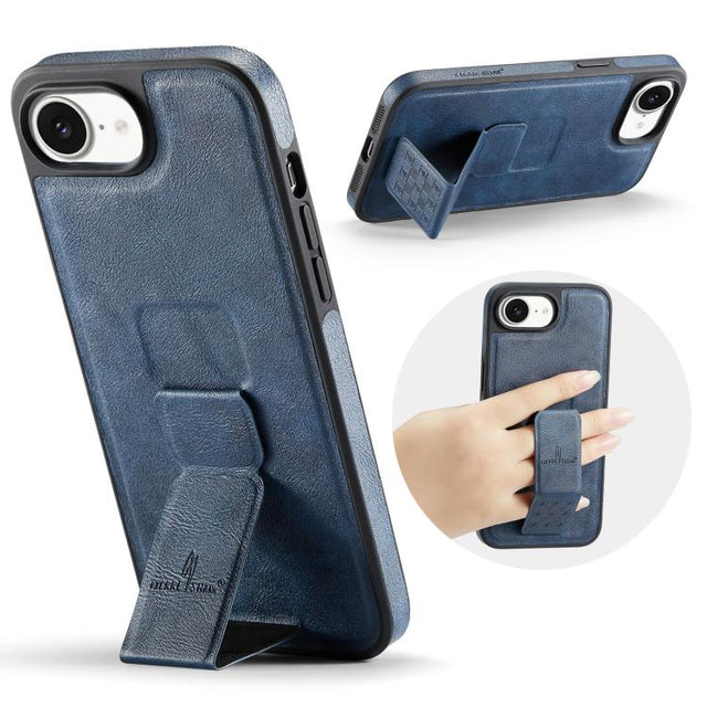 For iPhone 16e Fierre Shann Oil Wax Cow Leather Holder Back Phone Case(Blue)