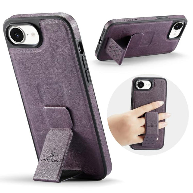 For iPhone 16e Fierre Shann Oil Wax Cow Leather Holder Back Phone Case(Purple)