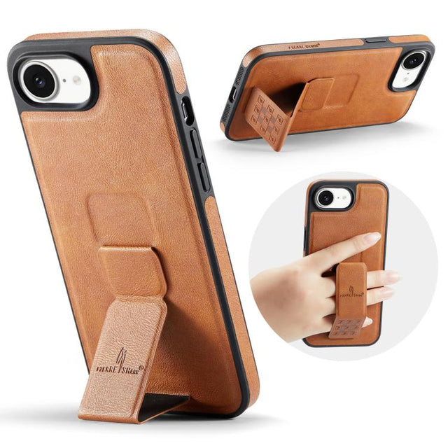 For iPhone 16e Fierre Shann Oil Wax Cow Leather Holder Back Phone Case(Brown)