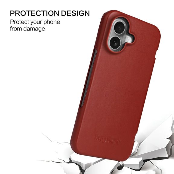 For iPhone 16 Plus Fierre Shann Top Layer Cowhide Business Magnetic Leather Phone Case(Brown)