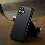 For iPhone 16 Plus Fierre Shann Top Layer Cowhide Business Magnetic Leather Phone Case(Black)