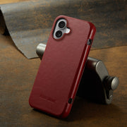 For iPhone 16 Fierre Shann Top Layer Cowhide Business Magnetic Leather Phone Case(Red)