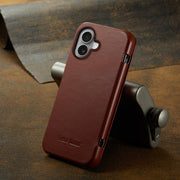 For iPhone 16 Fierre Shann Top Layer Cowhide Business Magnetic Leather Phone Case(Brown)