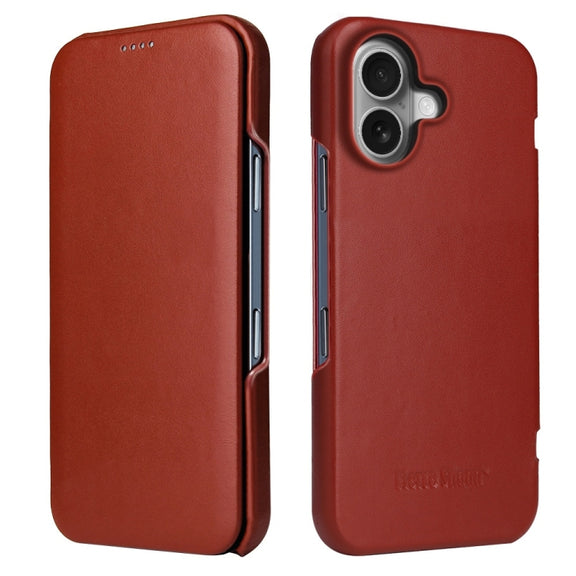 For iPhone 16 Fierre Shann Top Layer Cowhide Business Magnetic Leather Phone Case(Brown)