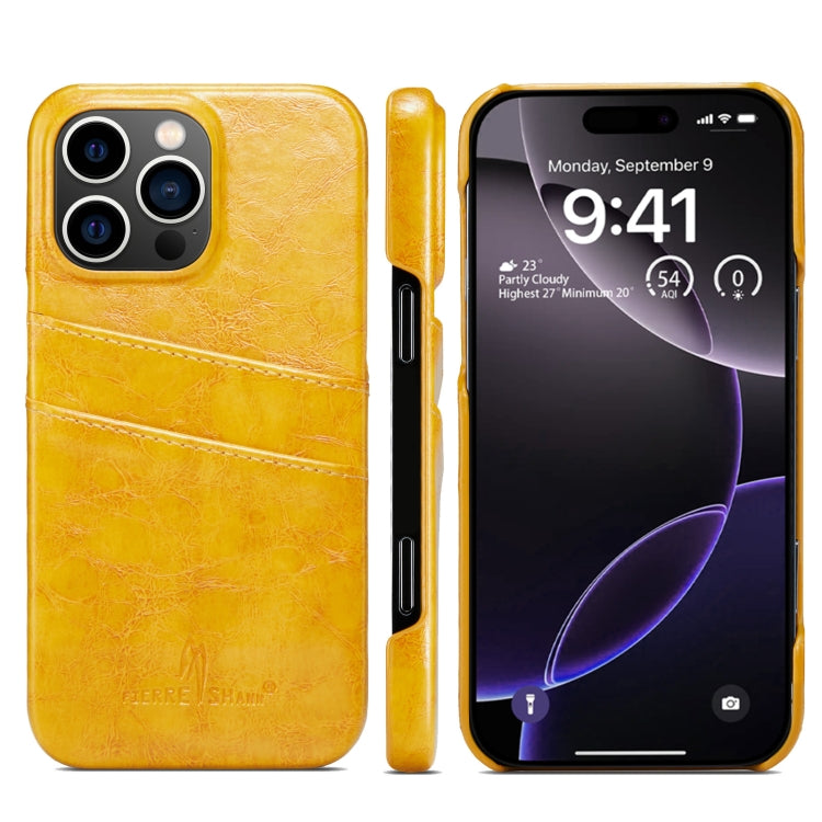 For iPhone 16 Pro Fierre Shann Retro Oil Wax Texture Card Slots PU Leather Phone Case(Yellow) - free shipping - PMC Jewellery - Order now!