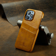 For iPhone 16 Pro Fierre Shann Retro Oil Wax Texture Card Slots PU Leather Phone Case(Yellow)
