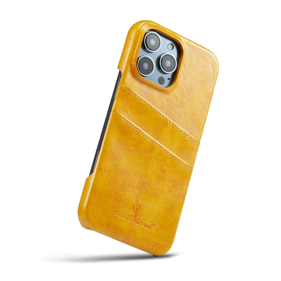 For iPhone 16 Pro Fierre Shann Retro Oil Wax Texture Card Slots PU Leather Phone Case(Yellow)