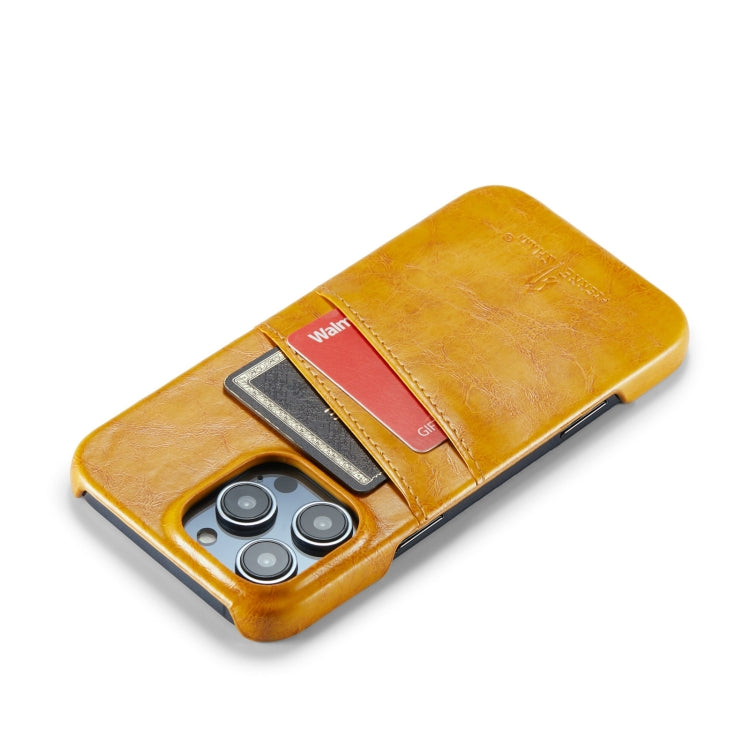 For iPhone 16 Pro Fierre Shann Retro Oil Wax Texture Card Slots PU Leather Phone Case(Yellow)