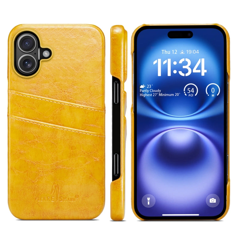 For iPhone 16 Fierre Shann Retro Oil Wax Texture Card Slots PU Leather Phone Case(Yellow) - free shipping - PMC Jewellery - Order now!