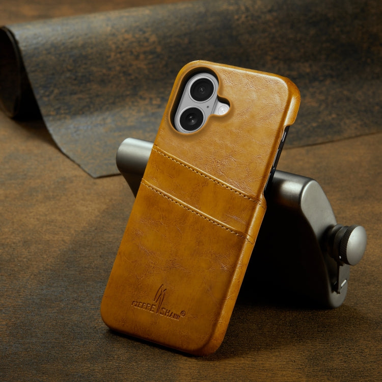 For iPhone 16 Fierre Shann Retro Oil Wax Texture Card Slots PU Leather Phone Case(Yellow) - free shipping - PMC Jewellery - Order now!