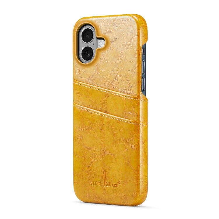 For iPhone 16 Fierre Shann Retro Oil Wax Texture Card Slots PU Leather Phone Case(Yellow)