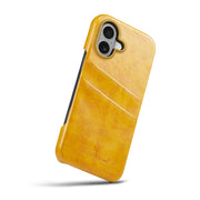 For iPhone 16 Fierre Shann Retro Oil Wax Texture Card Slots PU Leather Phone Case(Yellow)