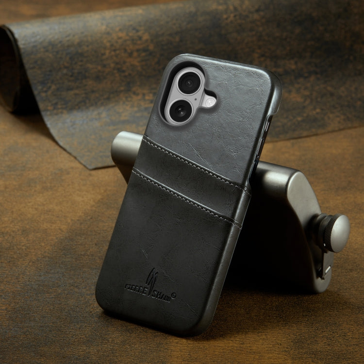 For iPhone 16 Fierre Shann Retro Oil Wax Texture Card Slots PU Leather Phone Case(Grey) - free shipping - PMC Jewellery - Order now!