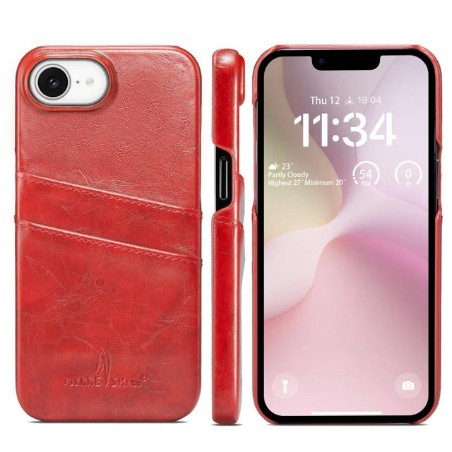 For iPhone 16e Fierre Shann Retro Oil Wax Texture Card Slots PU Leather Phone Case(Red)
