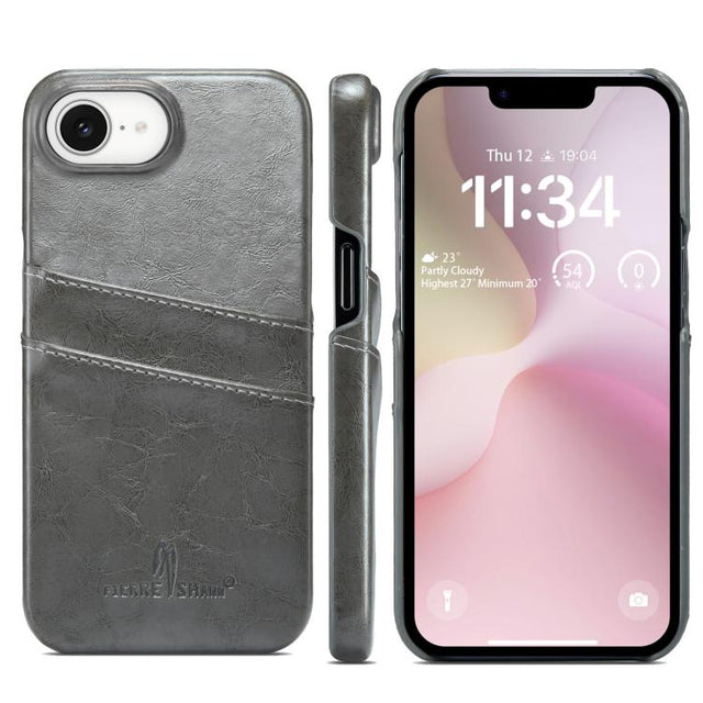 For iPhone 16e Fierre Shann Retro Oil Wax Texture Card Slots PU Leather Phone Case(Grey)