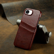 For iPhone 16e Fierre Shann Retro Oil Wax Texture Card Slots PU Leather Phone Case(Brown)