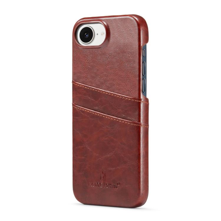 For iPhone 16e Fierre Shann Retro Oil Wax Texture Card Slots PU Leather Phone Case(Brown)