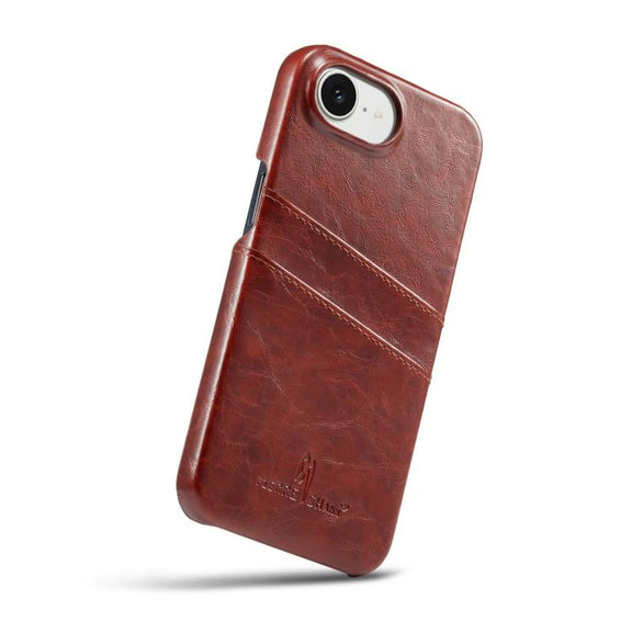 For iPhone 16e Fierre Shann Retro Oil Wax Texture Card Slots PU Leather Phone Case(Brown)