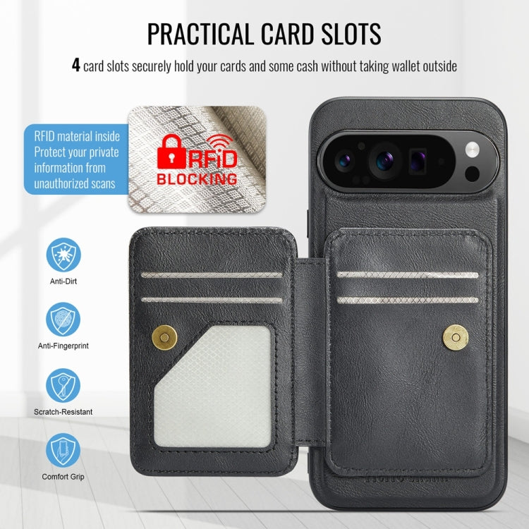 For Google Pixel 9 Pro XL Fierre Shann Cowhide Horizontal Flip Magnetic Card Holder Phone Case(Black) - Google Cases by FIERRE SHANN | Online Shopping South Africa | PMC TechLife | Buy Now Pay Later Mobicred