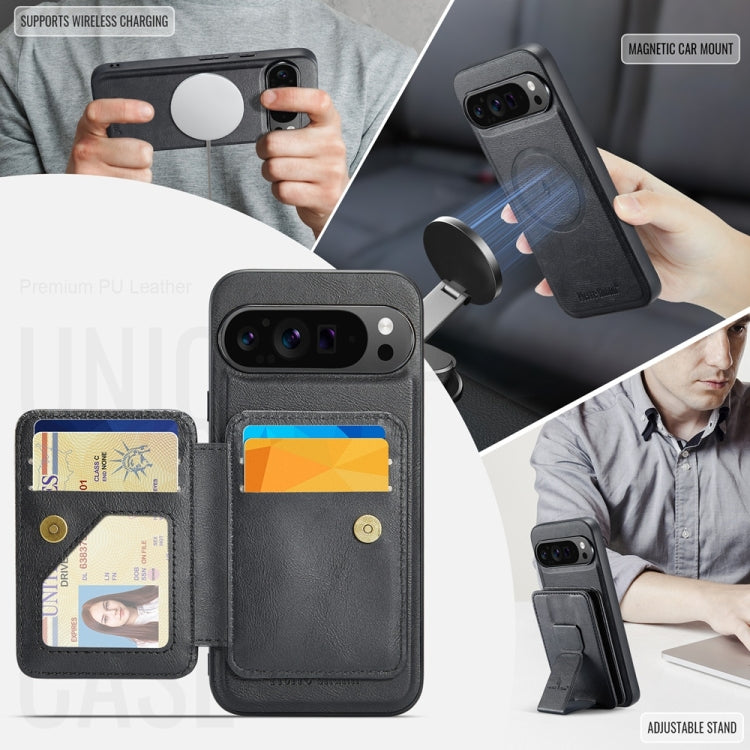 For Google Pixel 9 Pro XL Fierre Shann Cowhide Horizontal Flip Magnetic Card Holder Phone Case(Black)