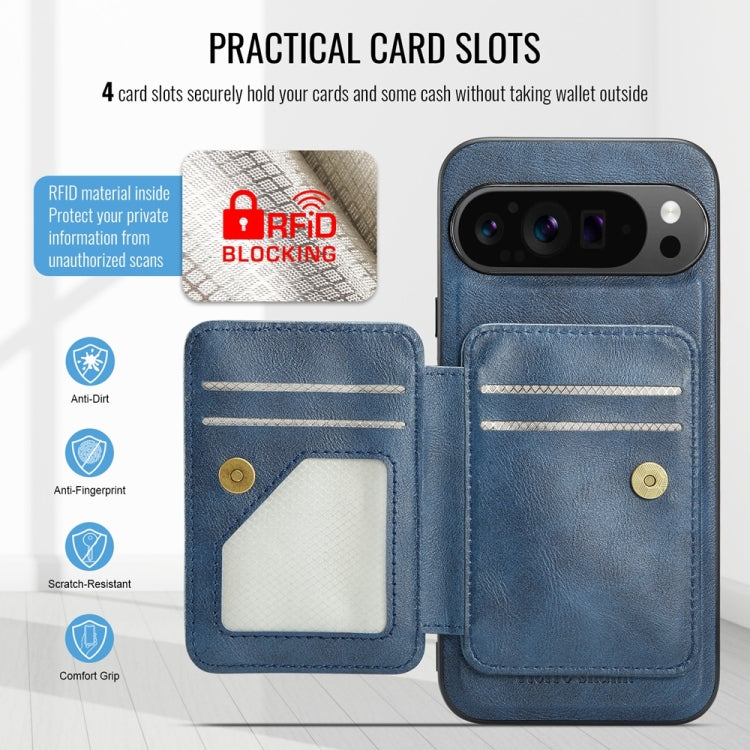 For Google Pixel 9 Pro XL Fierre Shann Cowhide Horizontal Flip Magnetic Card Holder Phone Case(Blue)
